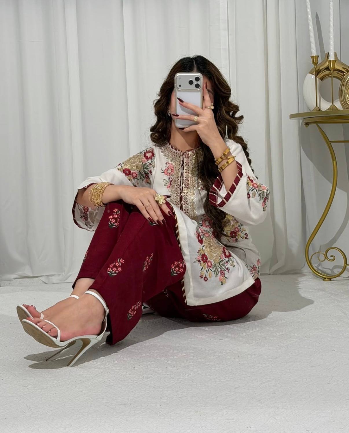 Floral Embroidered Kurti With Maroon Printed Palazzo Pants
