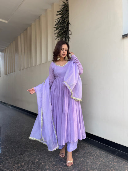 Lavender Cotton Anarkali Set with Dupatta