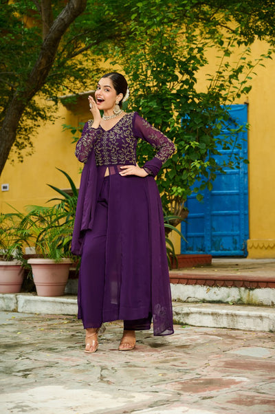 Traditional Red And Purple Embroidery Anarkali Duo