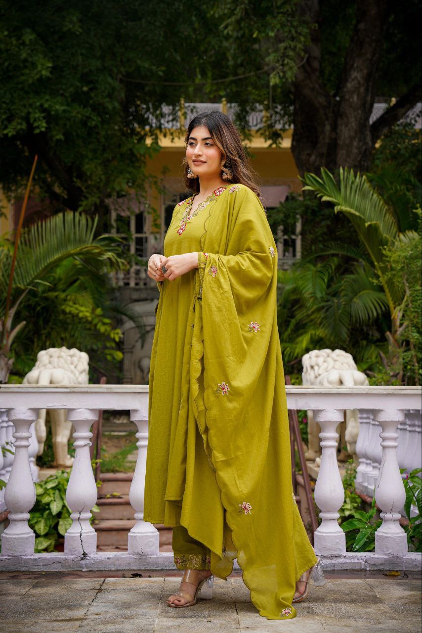 Olive Green Embroidery Anarkali Kurti Set With Dupatta And Pant