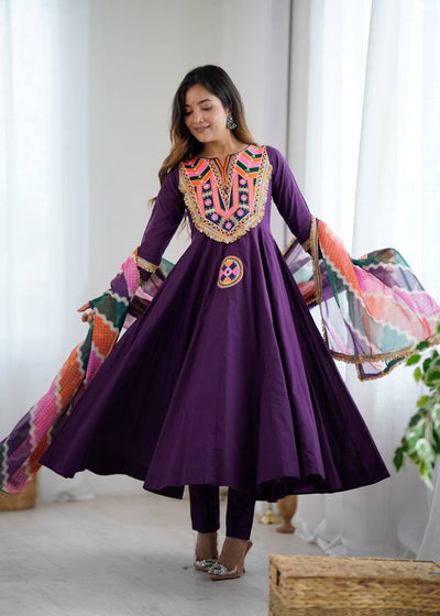 Purple Anarkali Suit With Colorful Embroidered And Dupatta