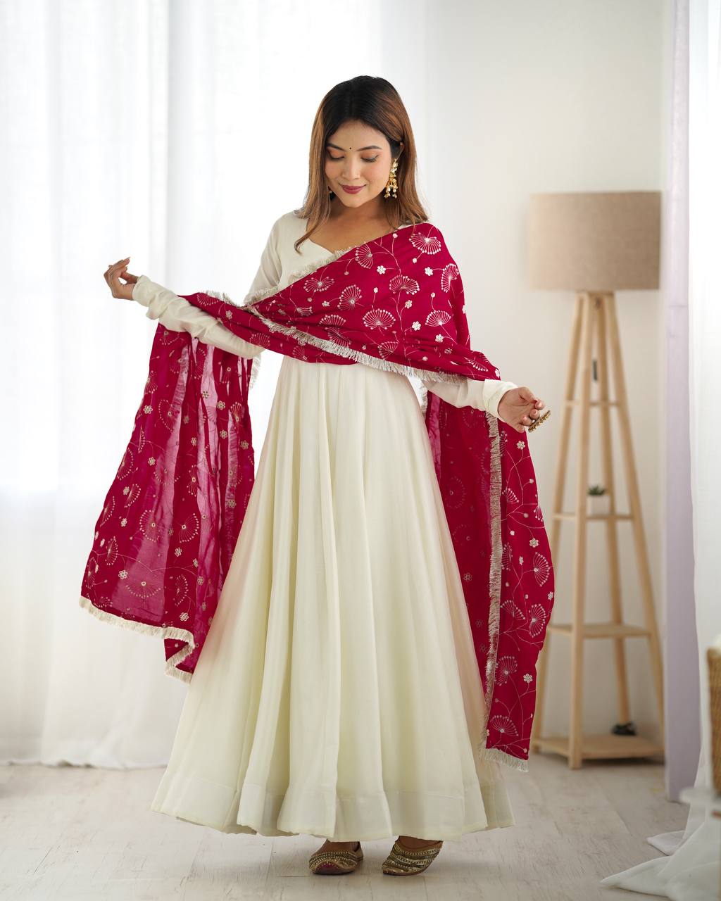 Elegant White Vichitra Silk Anarkali Set With Black Embroidered Dupatta