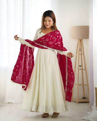 Elegant White Vichitra Silk Anarkali Set With Black Embroidered Dupatta