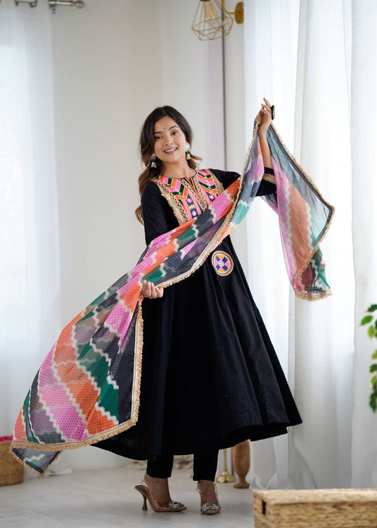 BLACK KHADI COTTON DESIGNER GOWN WITH EMBROIDERED MIRROR WORK & DIGITAL PRINT DUPATTA