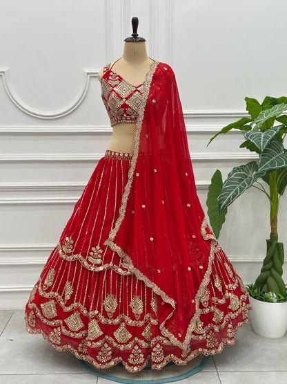 Bridal Red Zari And Sequins Embroidered Layered Lehenga Choli Set With Dupatta