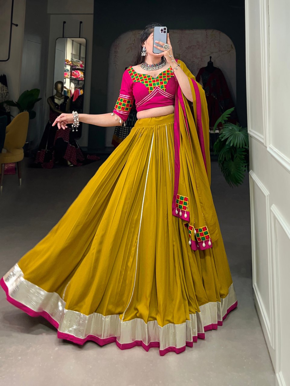 Mustard Yellow Silk Lehenga Choli With Pink Mirror Work Blouse And Dupatta