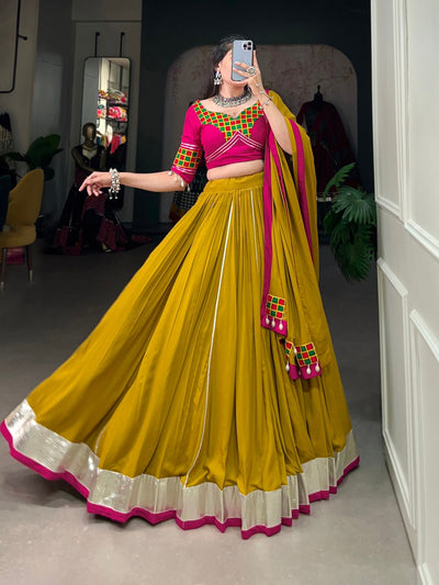 Mustard Yellow Silk Lehenga Choli With Pink Mirror Work Blouse And Dupatta