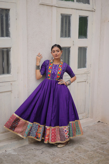 Gamthi Mirror Work Anarkali Gown With Multicolor Kutchi Patch Border