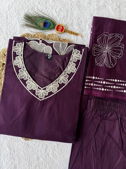 Purple Embroidery Cotton Kurti with Pant And Dupatta