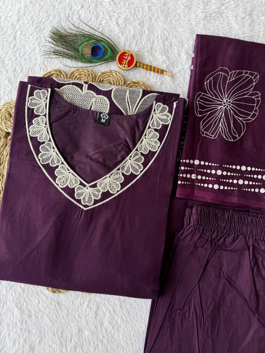 Purple Embroidery Cotton Kurti with Pant And Dupatta