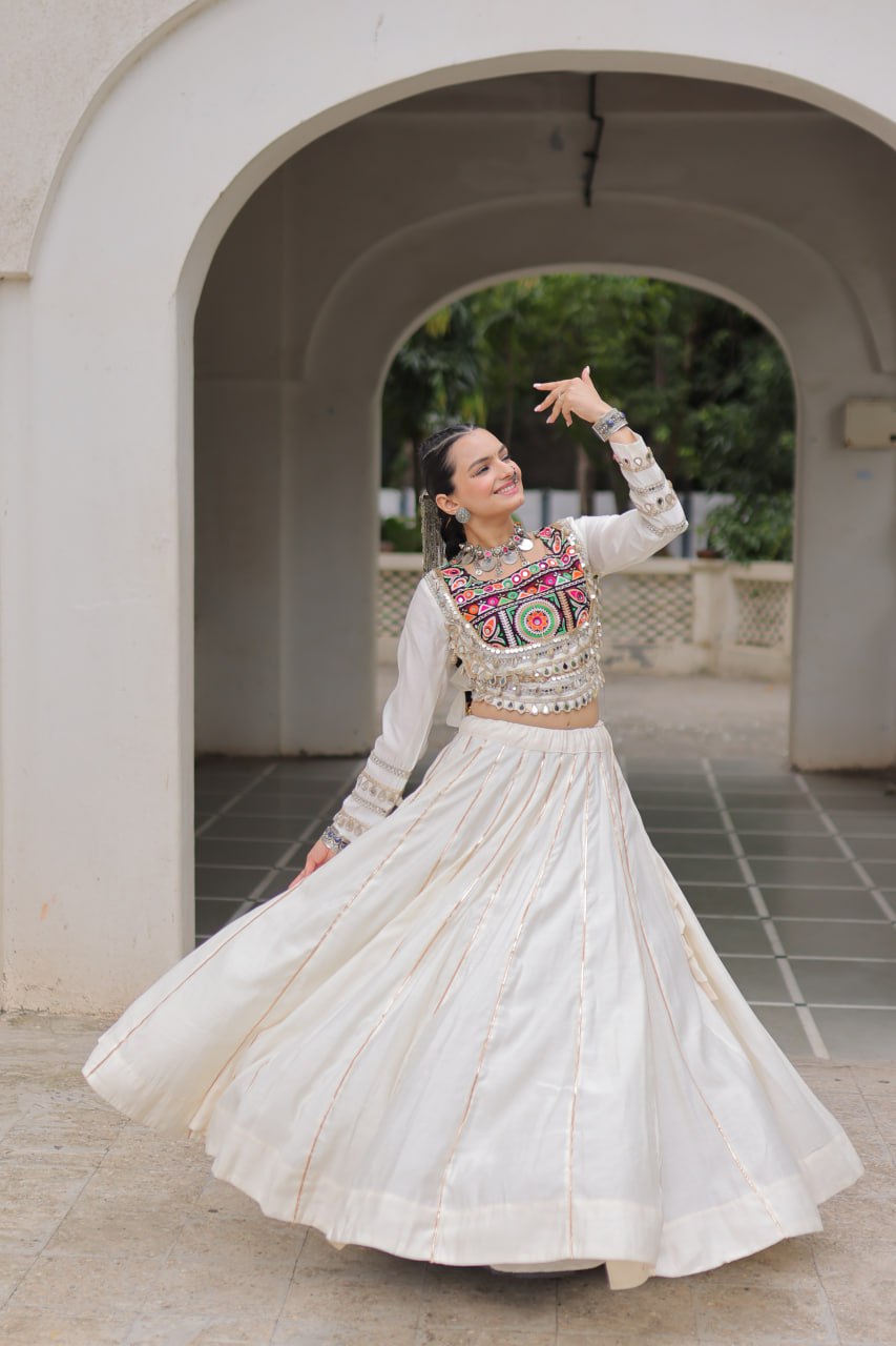 Designer Lehenga With Kutchi Gamthi Embroidered Blouse And Mirror Work