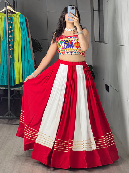 6 Meter Flair Red White Panelled Lehenga Choli With Kutchi Gamthi Mirror Work