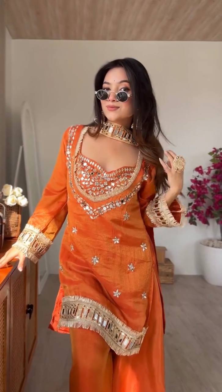 Orange Silk Sharara Suit With Real Mirror Work And Gold Lace Work