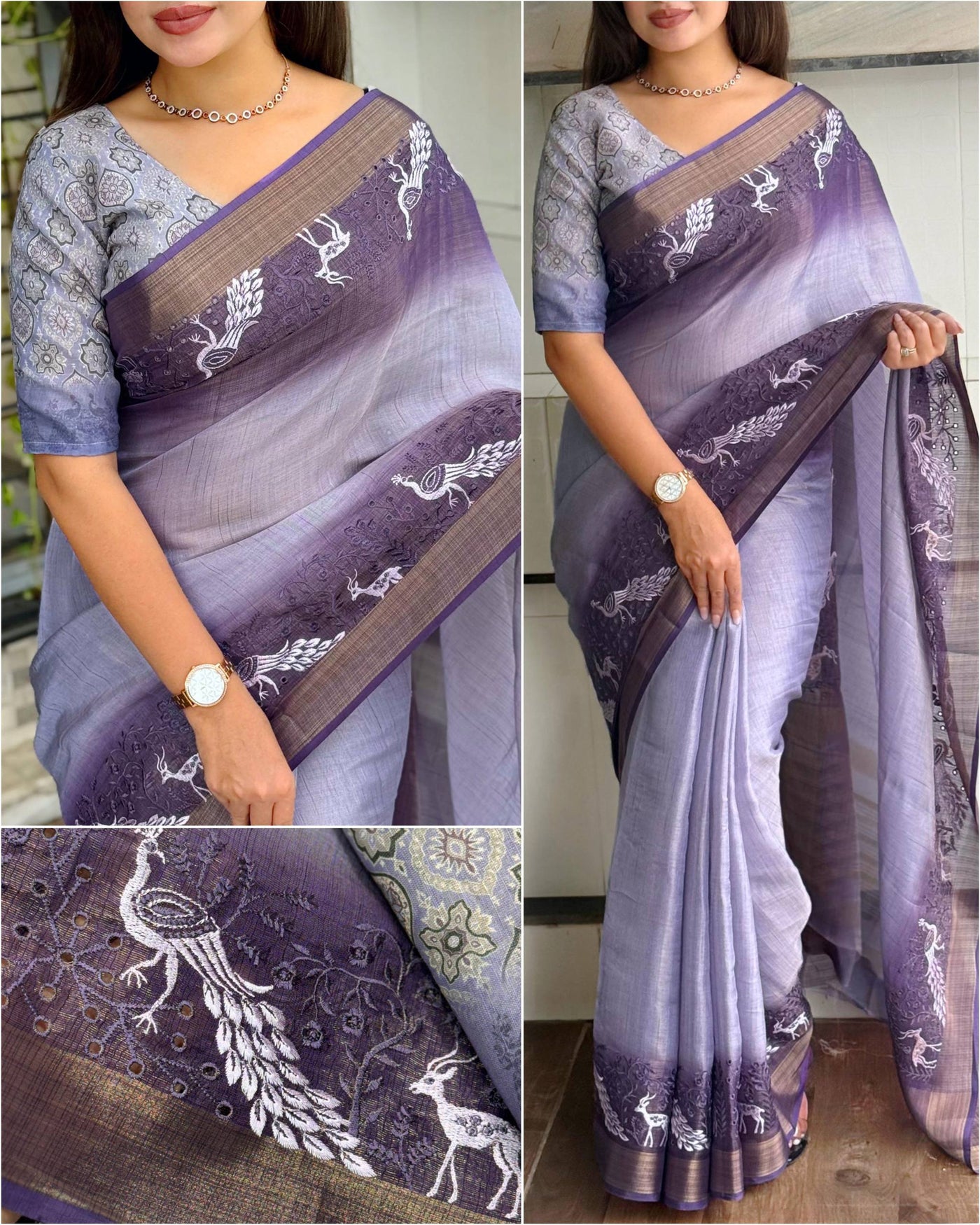 Stylish Gradient Saree With Peacock And Deer Designs
