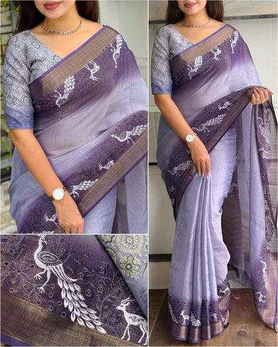 Stylish Gradient Saree With Peacock And Deer Designs