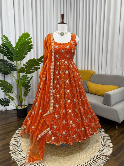 Elegant Orange Embroidery Anarkali Suit With Dupatta