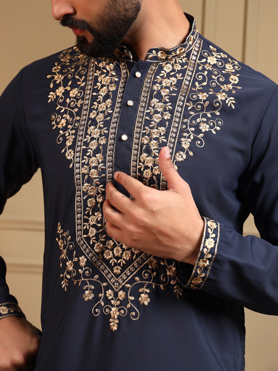 Classic Designer Embroidered Kurta Set For Men With White Pajama