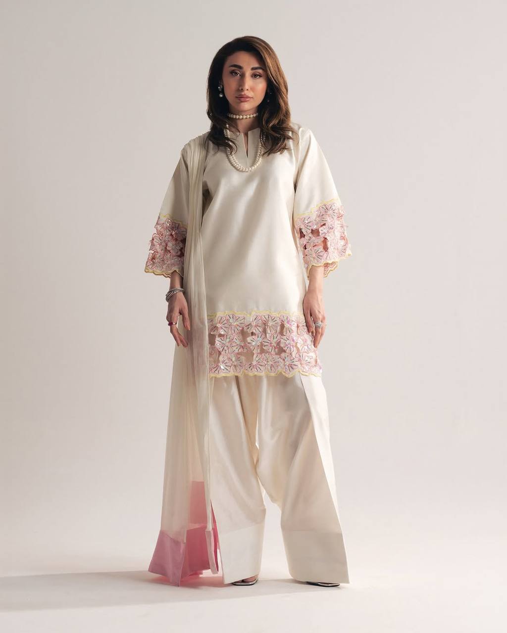Elegant Off-White Silk Kurti With Pink Floral Embroidered Sleeves With White Salwar