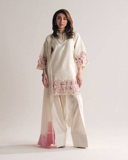 Elegant Off-White Silk Kurti With Pink Floral Embroidered Sleeves With White Salwar