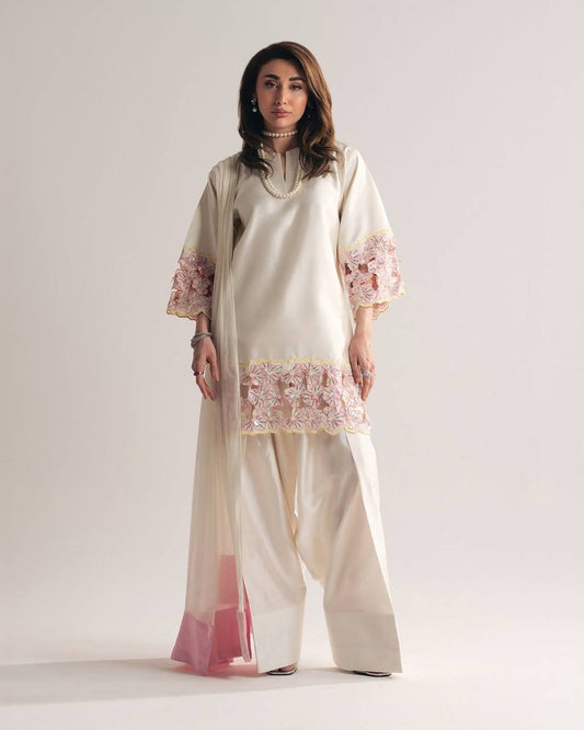 Elegant Off-White Silk Kurti With Pink Floral Embroidered Sleeves With White Salwar