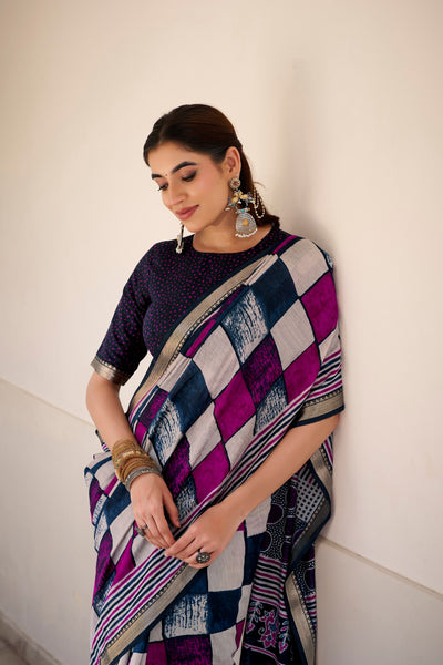 Elegant Patchwork Saree With Geometric Prints