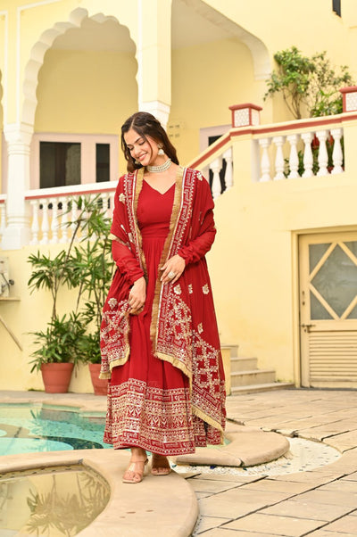 Red Anarkali Suit With Embroidery And Dupatta