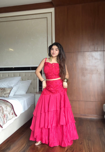 Elegant Rani Pink Embroidered Layered Lehenga With Crape Dupatta