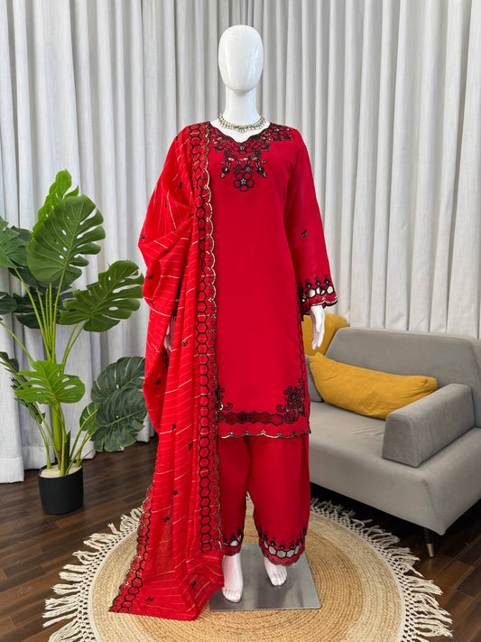 Red And White Cutwork Embroidered Straight Kurta Palazzo Set With Dupatta