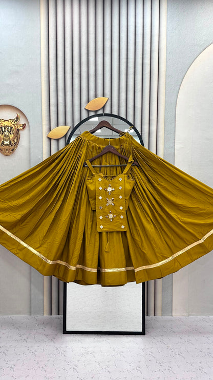 6 Meter Flair Mustard Yellow Plain Lehenga Choli With Mirror Work Jacket