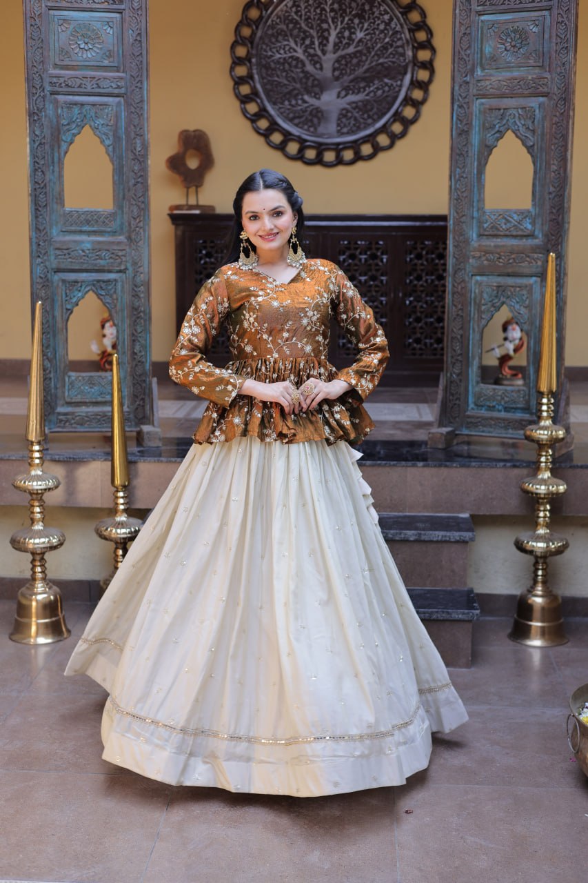 Rust Gold Floral Embroidered Peplum Top With Off-White Lehenga Skirt Set