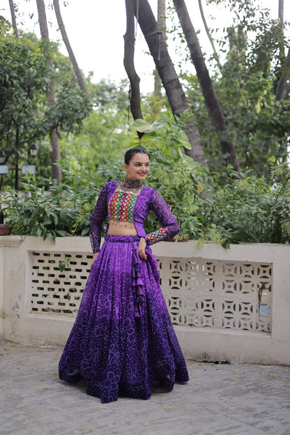 Bandhani Print Lehenga Set With Mirror Work Blouse And Full Sleeves