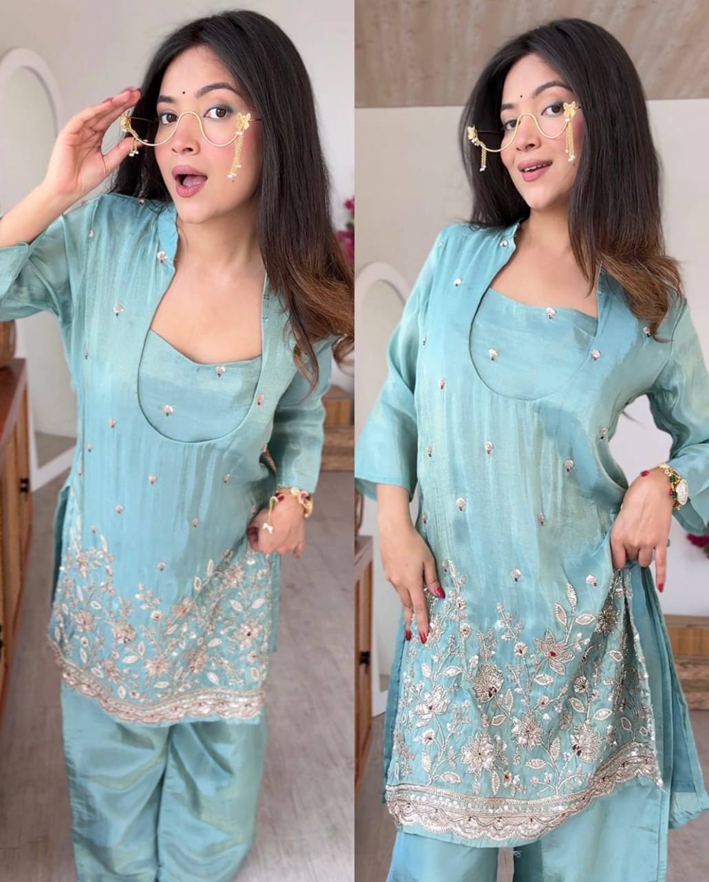 Sea Green Embroidered 3-Piece Jacket Style Kurta Set With Inner And Pants – Festive Fusion Wear