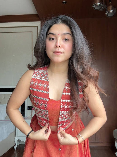 Mirror Work Silk Lehenga Set With Embroidered Jacket