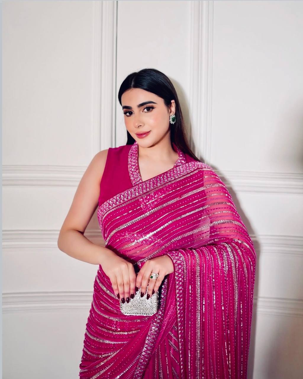 Pink Saree With Silver Accents