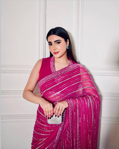 Pink Saree With Silver Accents