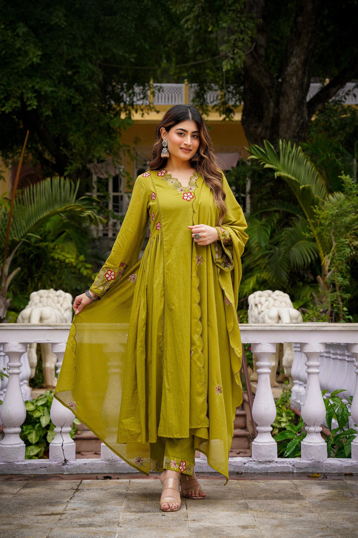 Olive Green Embroidery Anarkali Kurti Set With Dupatta And Pant
