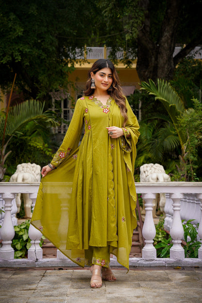 Olive Green Embroidery Anarkali Kurti Set With Dupatta And Pant