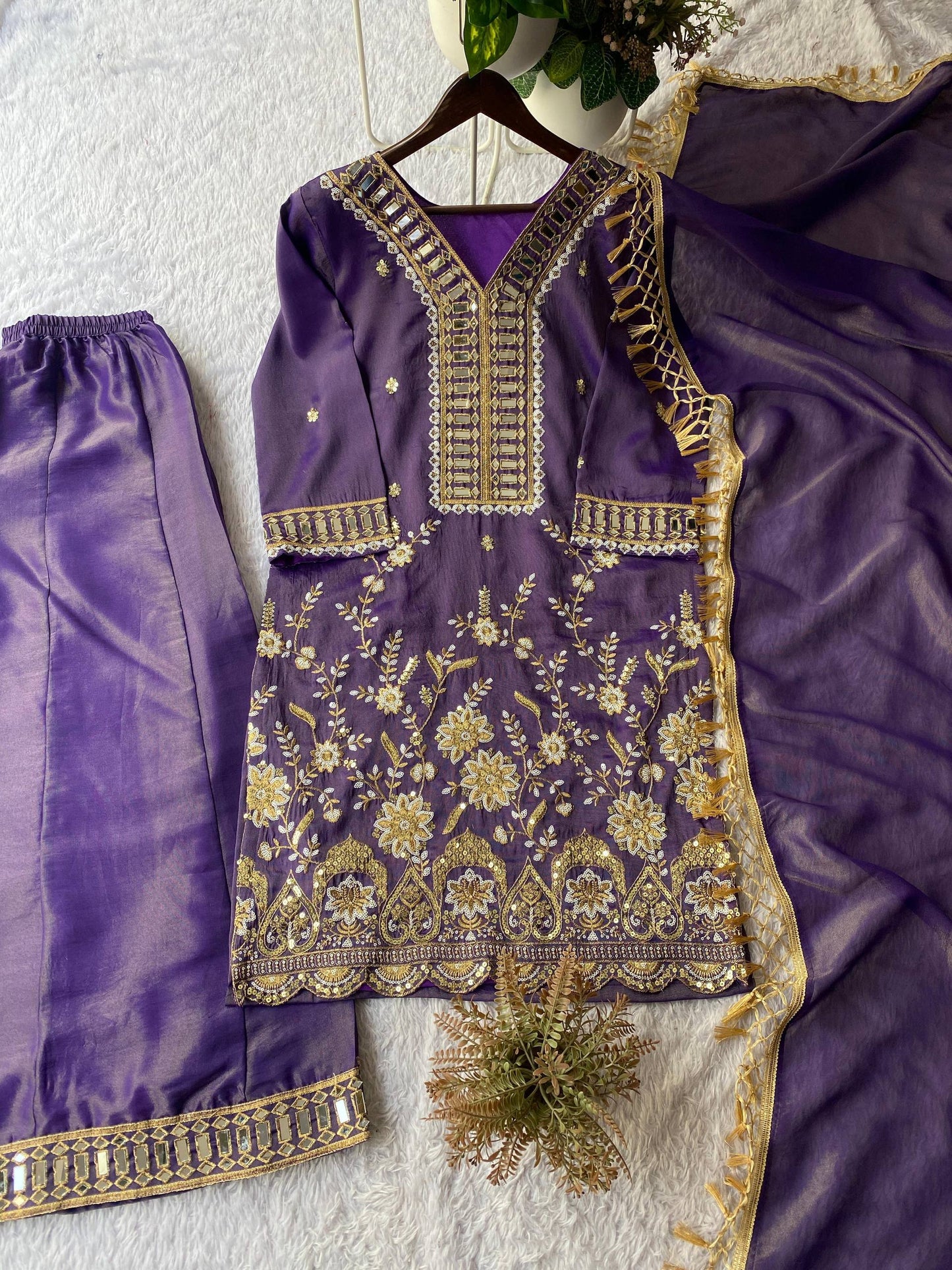 Elegant Embroidery And Mirror Work Sharara Suit With Dupatta
