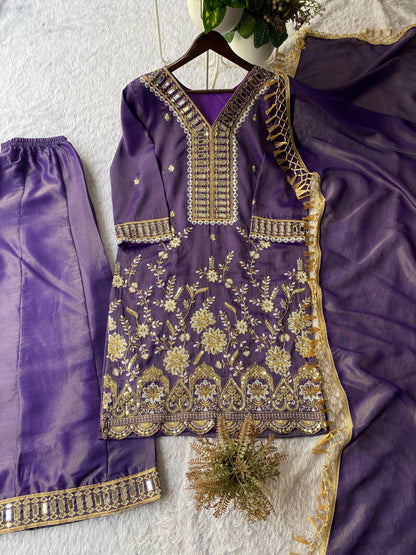 Elegant Embroidery And Mirror Work Sharara Suit With Dupatta