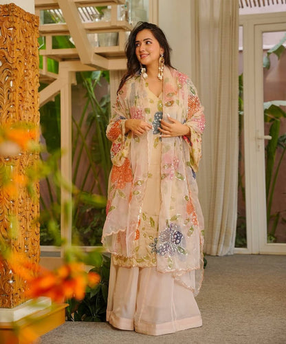 Cream Multicolor Floral Sequin Embroidered Sharara Suit Set