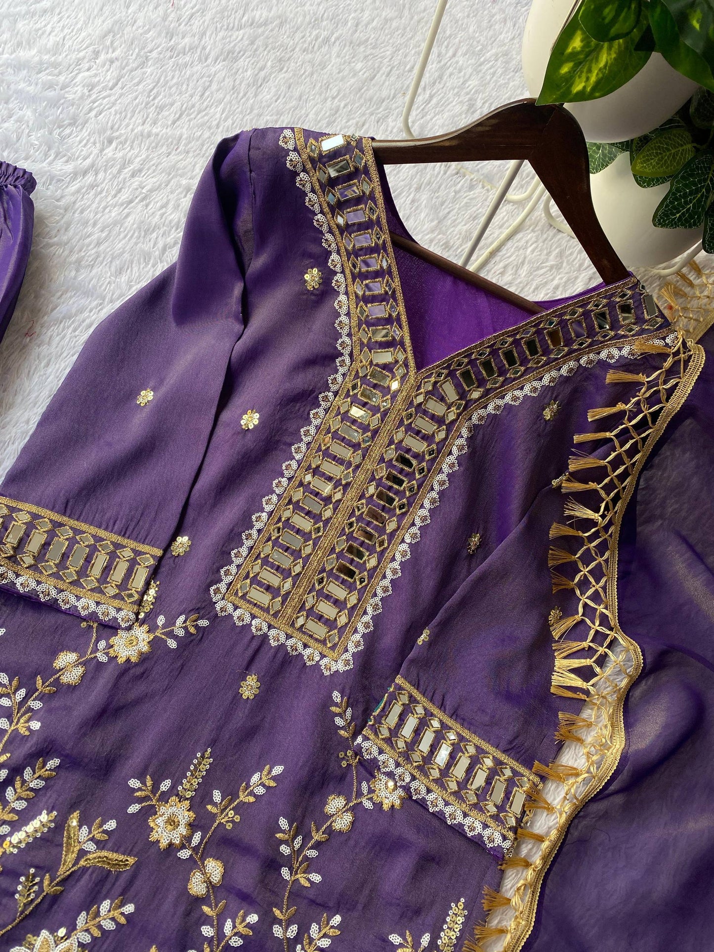 Elegant Embroidery And Mirror Work Sharara Suit With Dupatta