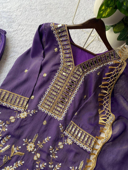 Elegant Embroidery And Mirror Work Sharara Suit With Dupatta