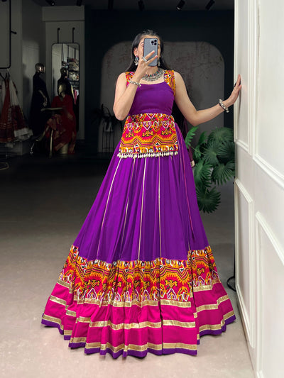 Purple Gamthi Work Rayon Lehenga With Cowrie Lace Blouse