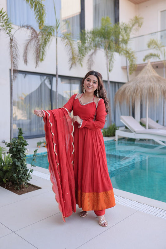 Stunning Red Anarkali Suit With Silver Lace And Orange Contrast Panel