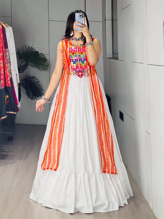 White Flared Lehenga Choli With Orange Leheriya Dupatta And Mirror Work