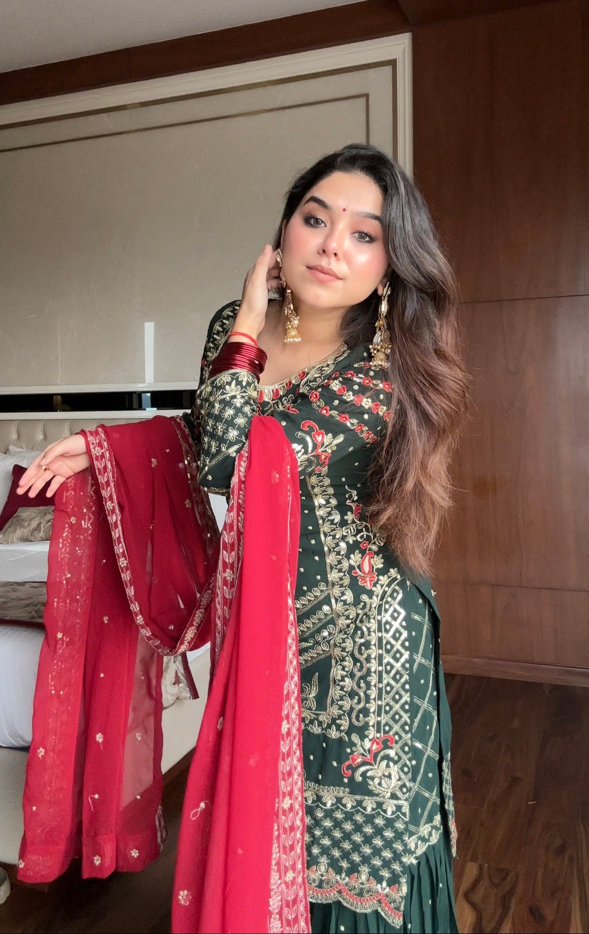 DARK GREEN EMBROIDERED SHARARA SUIT WITH HERITAGE TOUCH
