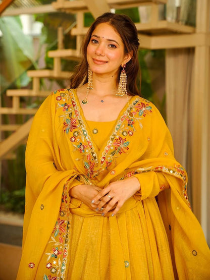 Yellow Embroidered Anarkali Suit With Floral Dupatta And Plazzo