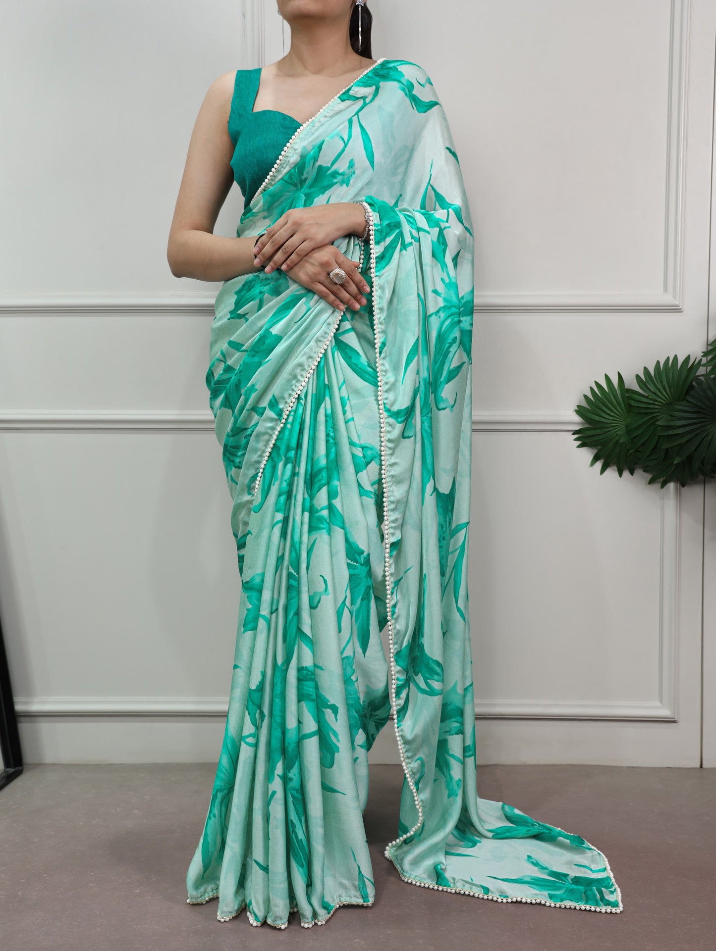 Floral Print Satin Saree With Pearl Lace Border And Blouse