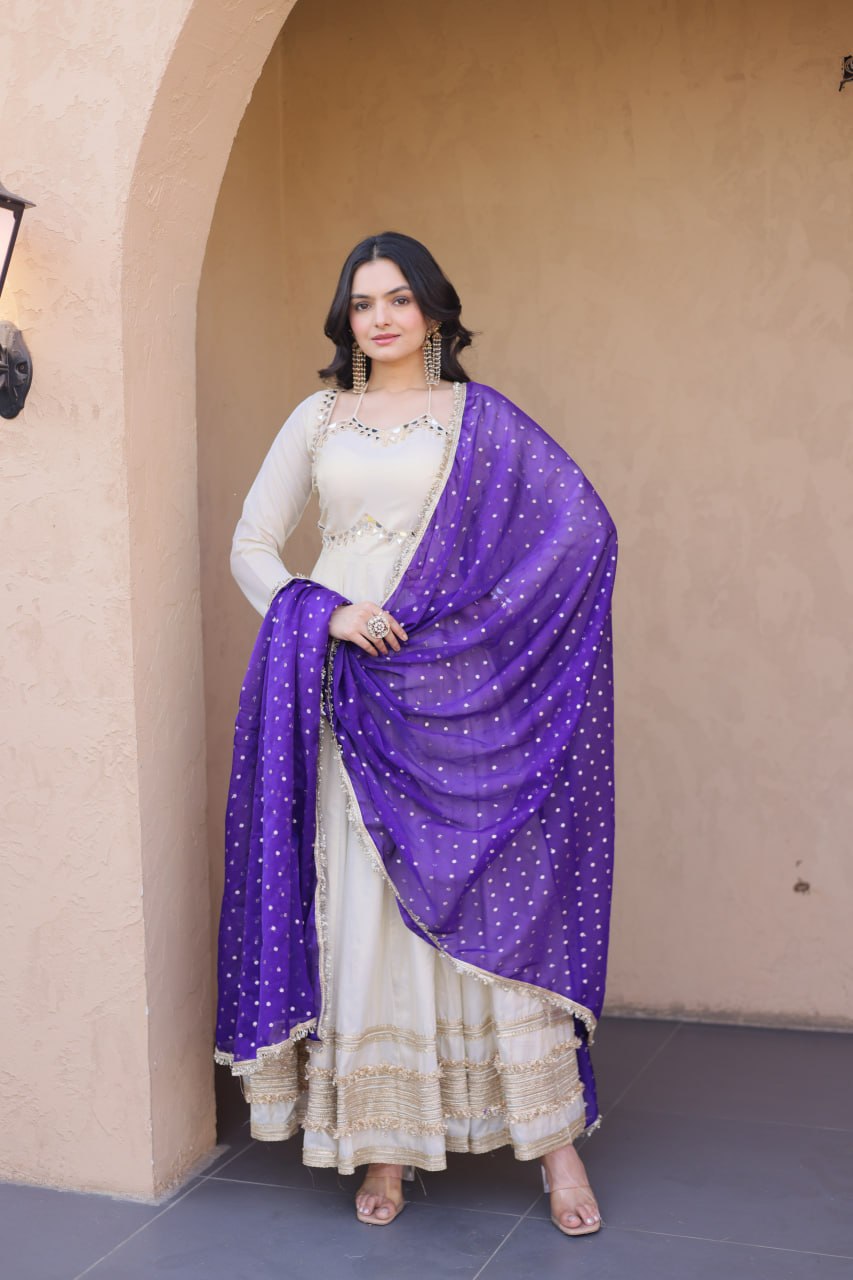 Real Mirror Work Anarkali Gown With Royal Purple Dupatta