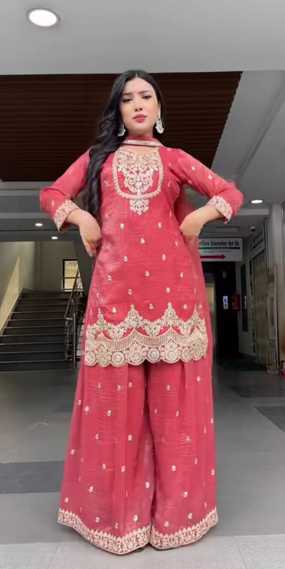 Pink Embroidery Sharara Suit With Intricate Beige Lace Work 🎀